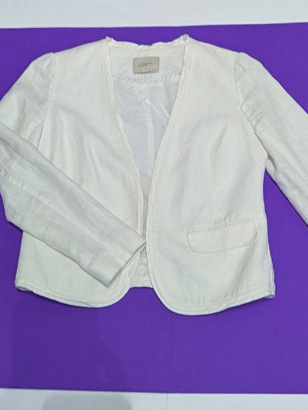 Ann Taylor Loft Women's Petite White Cream Linen Open Front Natural Blazer SP
